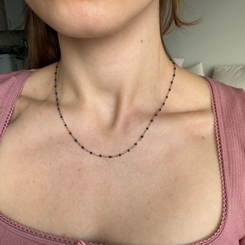 Dainty gold and blue beaded look necklace delicate jeweled chain